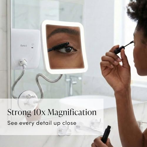 Rechargeable 10x Magnifying Makeup Mirror with LED Lights, Flexible Gooseneck & Suction Mount