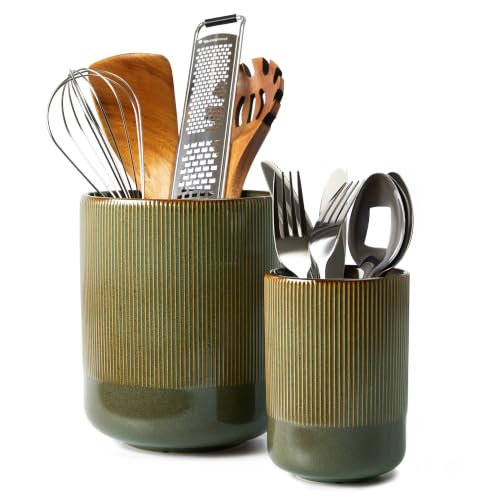 Ceramic Kitchen Utensil Holder Set - Brown and Green, 7.3" & 5.3" Countertop Storage