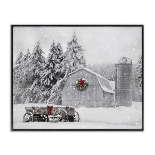 Snowy Farmhouse Landscape Framed Giclée Wall Art - Black Frame, 16x20" - Holiday Decor