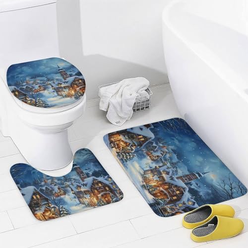 Christmas Tree Town Cabin Shower Curtain Set with Toilet Lid Cover & Rugs - Winter Holiday Bathroom Decor, 72x72 Inches