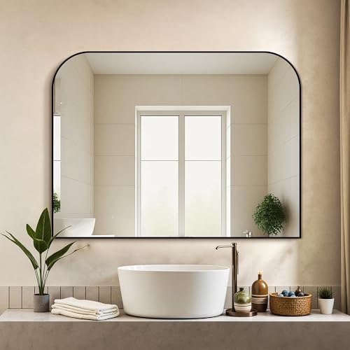 Black Metal Framed Bathroom Mirror 30x40 Inches Over Sink - Modern Wall Mirror Variation