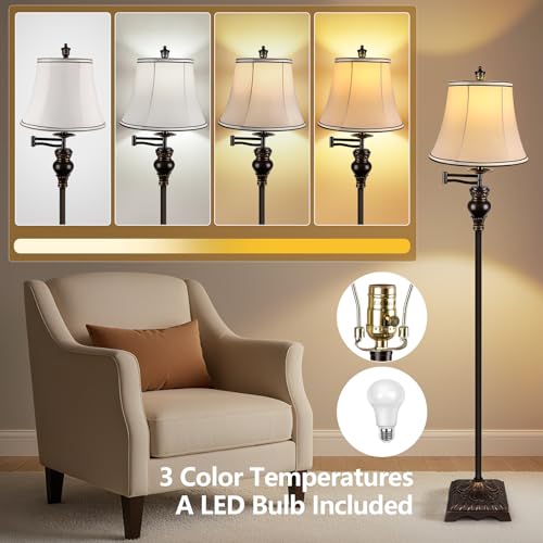 Vintage Floor Lamp Brown - Adjustable 350° Swing Arm Farmhouse Standing Light for Living Room & Bedroom