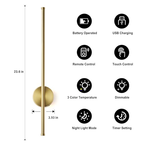 Battery Operated Modern Wall Sconce Set of Two - Brass, 23.6 Inch - Wireless, Remote & Touch Control