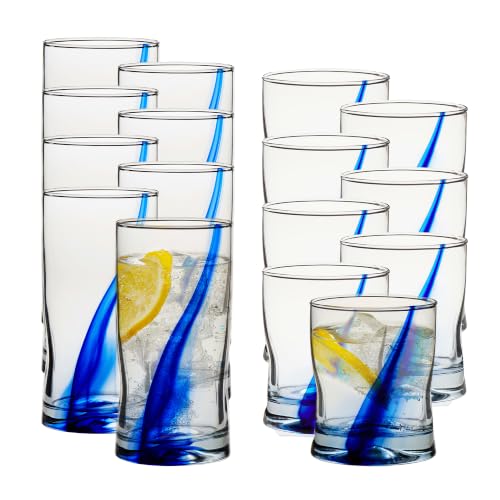 Libbey Blue Ribbon Tumbler & Rocks Glass Set of 16 - Blue Ribbon Variation