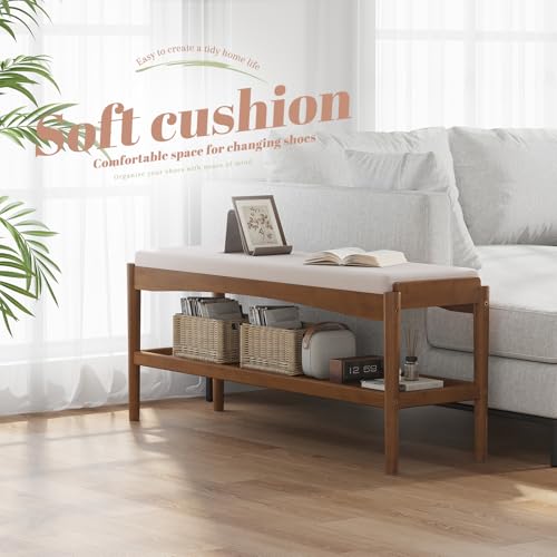 STDDRE Bamboo Shoe Bench with Padded Seat, 2-Tier Entryway Organizer, Brown-Beige, 39.4 x 11.4 x 16.5 inches