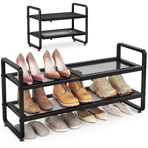 Black SAYZH Expandable Shoe Rack 2-Tier Closet Organizer with Mesh Shelves