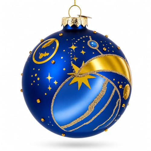 Blue Celestial Planets and Shooting Star Glass Ornament – Hand-Painted Christmas Ball