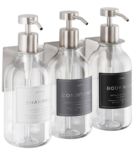 LUSSPA Wall Mounted Shower Shampoo Dispenser Set 3 Clear Bottles with Silver Pumps