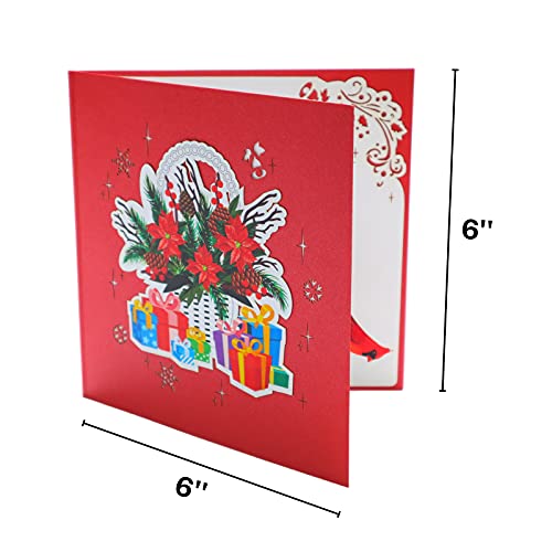CUTE POPUP 3D Pop Up Christmas Card – Cardinal & Poinsettia (Red Cardinal) 6x6in, Envelope Included