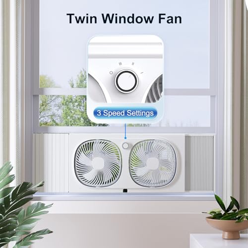 Adjustable Window Fan with 3 Speeds, 180°+90° Rotatable Heads, Reversible, Fits 21.65-33.27 Inch Windows - Home & Kitchen
