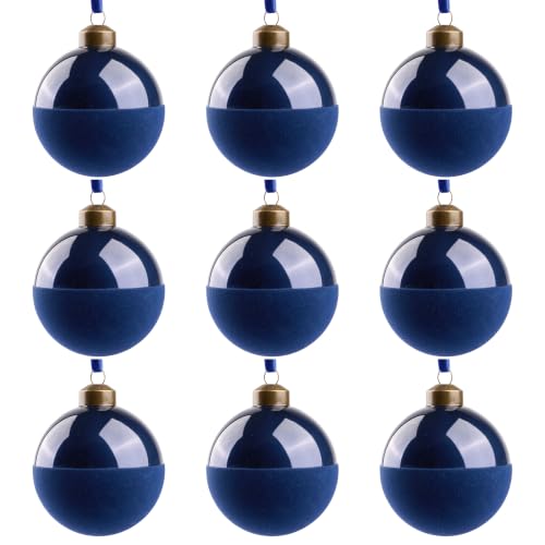 DN Deconation Blue 9-Piece Glass Christmas Ornament Set with Velvet Flock, Vintage Bronze Caps