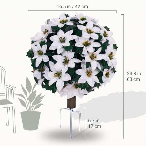 TIMBERHIDE 2Pcs White Poinsettia Topiary Christmas Tree 21"- Outdoor Decor