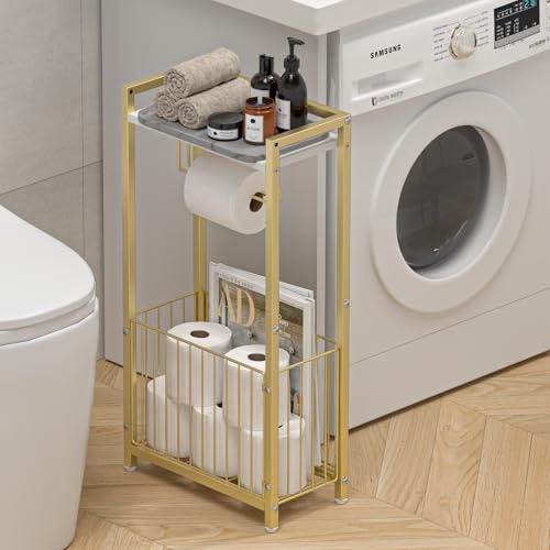 Freestanding Toilet Paper Holder with Storage Shelf - Gold Bathroom Organizer