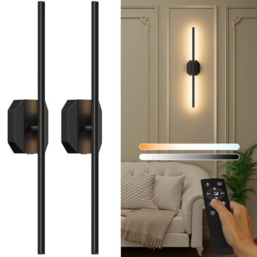 Wireless Rechargeable Wall Sconce Set of 2, Dimmable 3000K-6000K LED Wall Lights with Remote, 28 Inch for Bedroom & Living Room