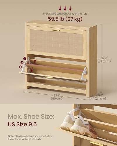 VASAGLE Boho Shoe Storage Cabinet - Slim Rattan Look Flip Drawers, Oak Beige - 9.4"D x 33.9"W x 32.9"H