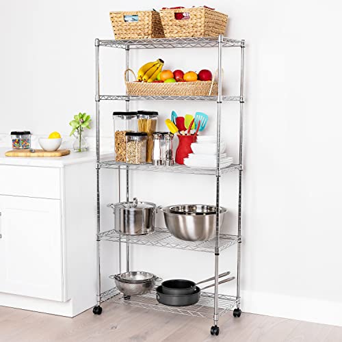 Plated Steel 5-Tier Wire Shelving Unit - 30" W x 14" D x 61.5" H, Adjustable Shelves, Mobile Design
