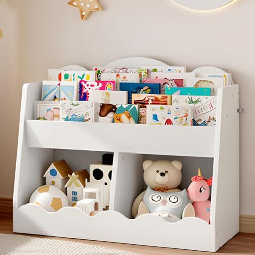 Kids Cloud Bookcase & Toy Storage - White Kids Room Organizer with 2 Toy Bins