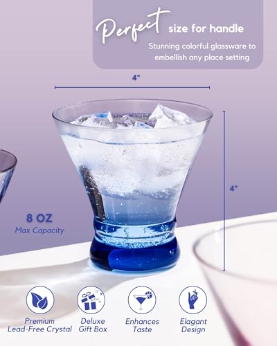 Colored Stemless Martini Glasses Set of 6 - Home Bar Cocktail Cups - Variation of Martini Glass
