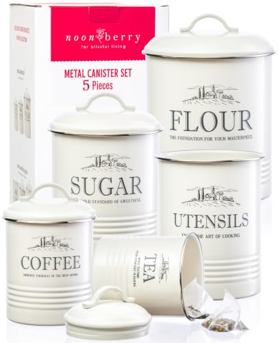 Noonberry 5-Piece Farmhouse Canister Set Cream White for Kitchen Counter & Storage