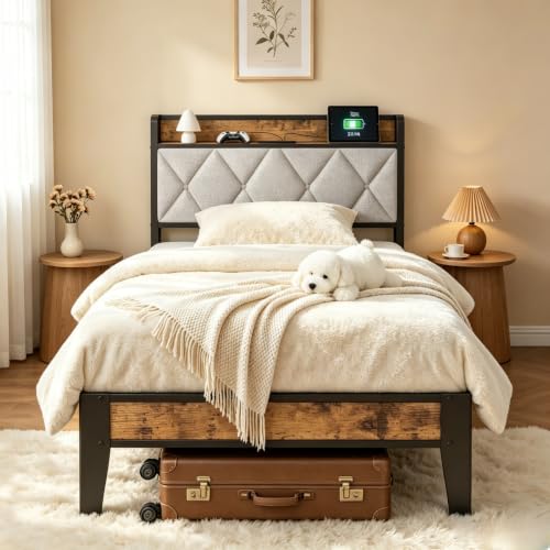 Twin Bed Frame with Headboard and Charging Station - 11 Inch Platform Bed - Heavy Duty Metal Support