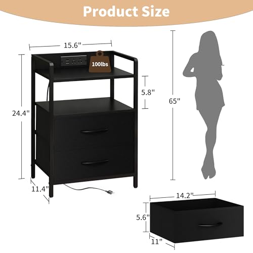 Black LED Nightstand with Charging Station, Storage Drawers & RGB Lighting