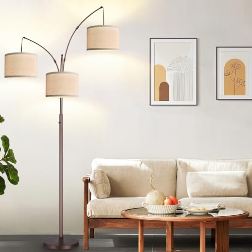 Nintiue Dimmable Arc Floor Lamp with Beige Linen Shades - Brown, 3 Lights, Tall Modern Standing Lamp for Living Room & Bedroom