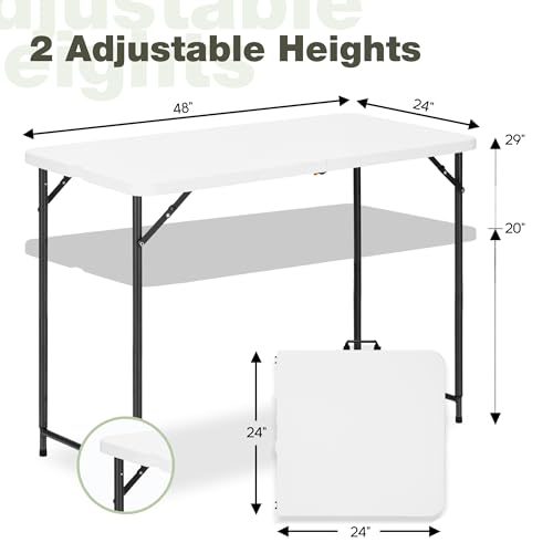 GlowitLian 4ft Folding Table with Adjustable 2-Level Height, Portable Picnic & Indoor Outdoor Use, White