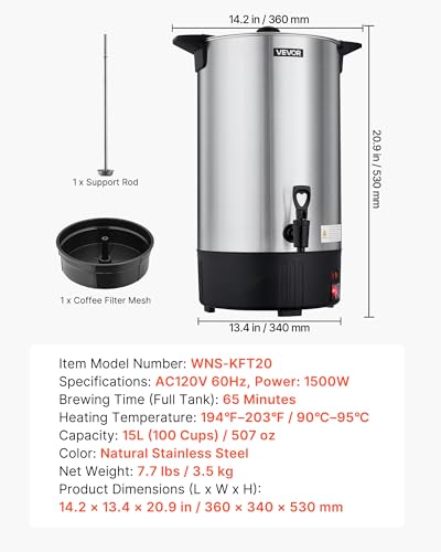 VEVOR Commercial Coffee Urn 100 Cups 15L Hot Beverage Dispenser with Dripless Faucet