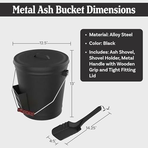 Pure Garden Metal Ash Bucket & Shovel Set - 4.75-Gallon Fireplace & Firepit Ash Disposal