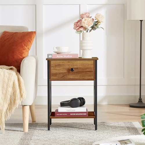 VECELO Vintage Brown Set of 2 Nightstands with Drawer & Storage Shelf - Industrial Bedside End Tables for Bedroom & Living Room