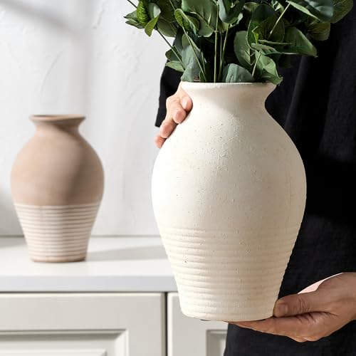 Off-White Ceramic Farmhouse Vase 9.2 Inch Rustic Whitewashed Terracotta