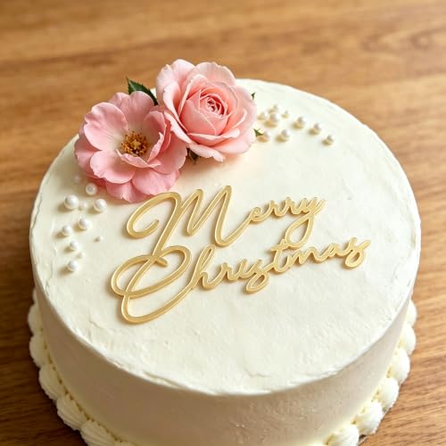 Merry Christmas Cake Topper - Mirror Gold Acrylic 2.2x4 in for Cakes & Desserts