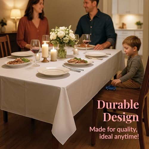 Prestee 4 Pack Plastic Table Cloth Disposable - 108" x 54" White Table Cloth Rectangle Table Cover - Heavy-Duty Waterproof Disposable Tablecloths for Weddings, Parties, BBQs, and Outdoor Dining Events
