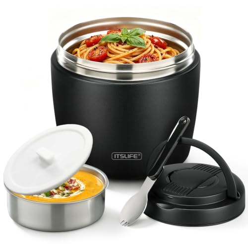Itslife 32oz Insulated Soup Thermos with Leakproof Wide Mouth & Spoon - Black / M