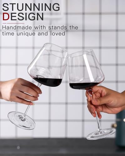 Physkoa Set of 6 Red Wine Glasses - 18oz Hand Blown Modern Square Stemware