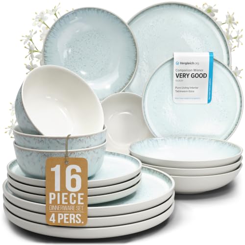 Light Beige Blue Stoneware Dinnerware Set for 4 - 16 Pieces, Handcrafted Plates & Bowls