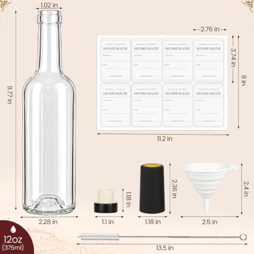 12 Pack 375ml Clear Glass Wine Bottles with T-Top Corks - Home Brewing & Storage