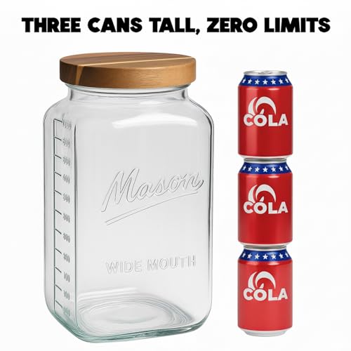 2 Gallon Glass Mason Jar with Airtight Wooden Lid - Square Food Storage Container