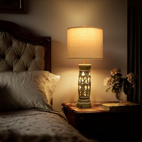 27.25” Farmhouse Table Lamps Set of 2 with Night Light, Distressed Light Wood Finish
