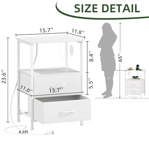 Somdot White Nightstand with 2 Drawers, Charging Station & LED Light - 11.8"D x 15.7"W x 23.6"H