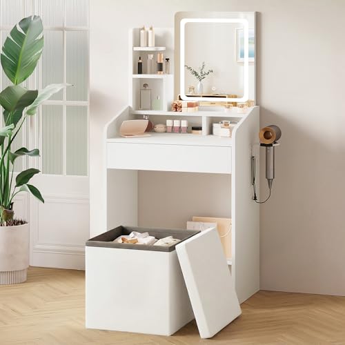 24-Inch White Makeup Vanity Set with Lighted Mirror & Storage Stool
