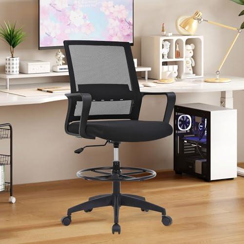 Tall Drafting Chair with Lumbar Support - Black Ergonomic Office Stool