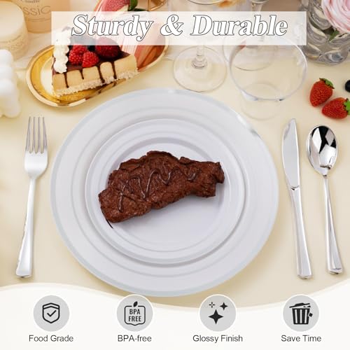 200PCS Silver Plastic Dinner and Dessert Plates Set - Disposable Party Tableware
