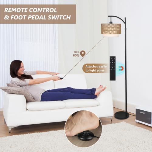 Rustic Arc Floor Lamp for Living Room & Bedroom with 3 Color Temperatures - Dimmable Boho Standing Lamp with Remote & Rattan Shade