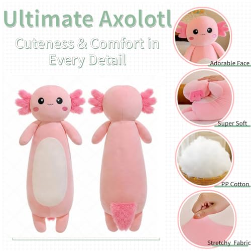 Pink Axolotl Plush Pillow - 39.37 Inch Long Soft Stuffed Animal Gift for Kids & Adults