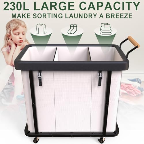White 3-Section Laundry Hamper with Wheels & Lid - 60 Gal, Foldable & Sturdy