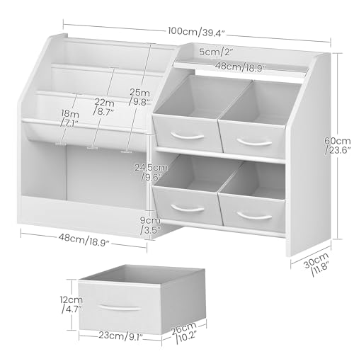 Kids Bookshelf with 3-Tier Fabric Slings & 4 Drawers, Toddler Toy Storage Organizer, White
