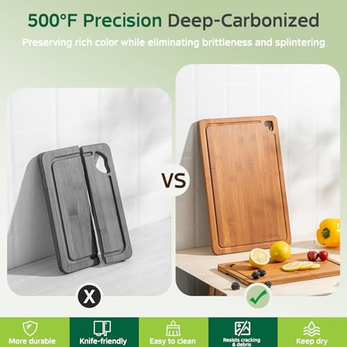 Bamboo Cutting Boards Set of 3 with Storage Stand - Reversible Chopping & Charcuterie Boards for Kitchen