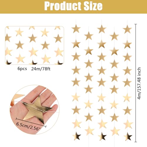 Metallic Gold Paper Star Garland 6 Pack 13ft, Mirror Streamers, Shiny