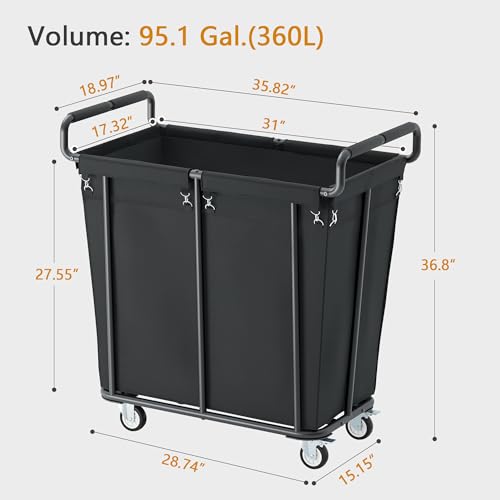 Gewudraw Extra Large Black Laundry Hamper with Wheels 360L - Heavy Duty, Collapsible & Mobile